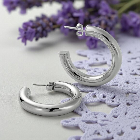 🆕️Chunky C Hoop Earrings 18K White Gold Plated Stainless Steel Minimalist - Picture 6 of 13